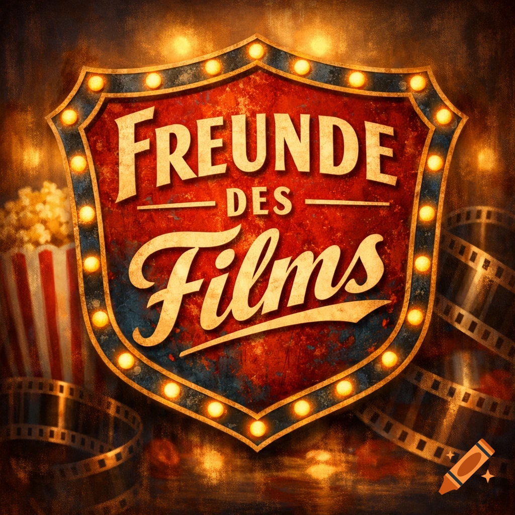 Vintage cinematic sign reading 'Freunde des Films' with popcorn and film reels in a dark, theatrical style.