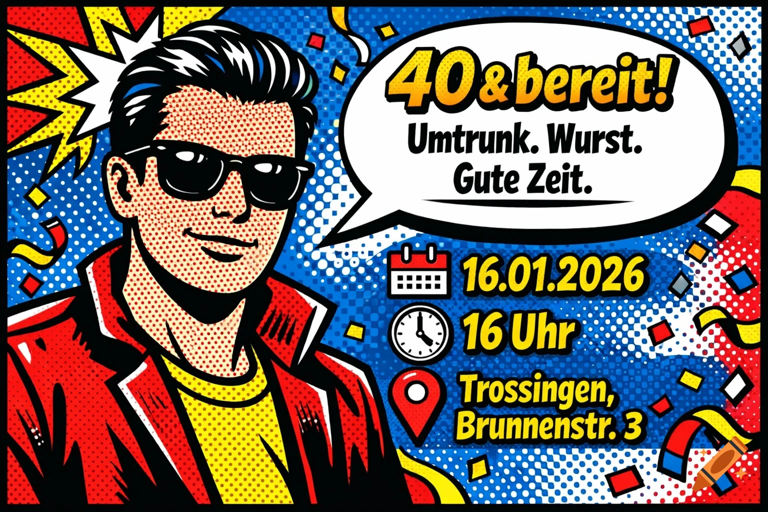 Pop Art style invitation with a man wearing sunglasses, a speech bubble containing "40 & bereit!" and party details.
