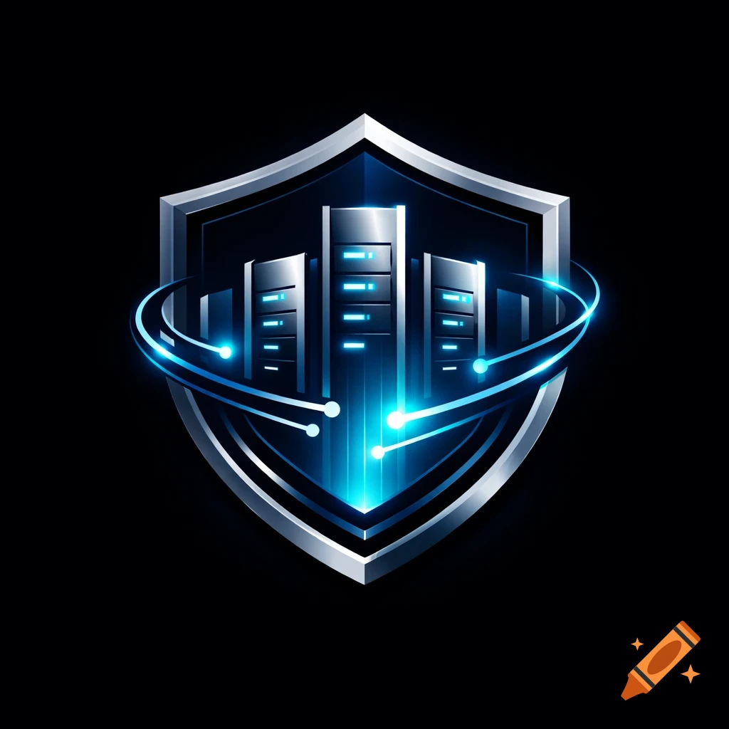 A futuristic metallic shield logo with glowing blue server racks and data streams, representing data center security.