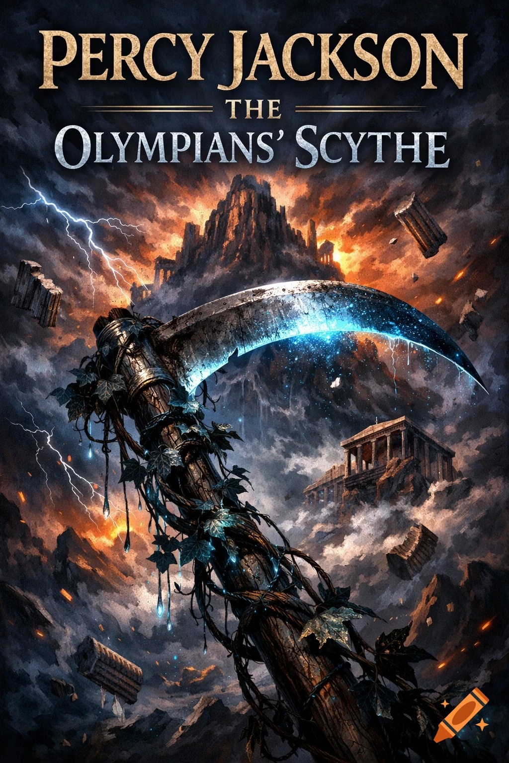 Digital painting of a Percy Jackson book cover. A giant scythe with a glowing blue blade and ivy-wrapped handle is centered. Lightning strikes around ancient Greek ruins under a stormy, fiery sky.