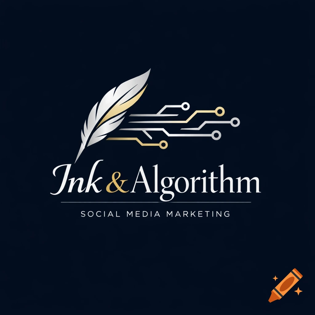 A logo featuring a white and gold feather merging into circuit board lines, with 'Ink & Algorithm Social Media Marketing' on a dark background.