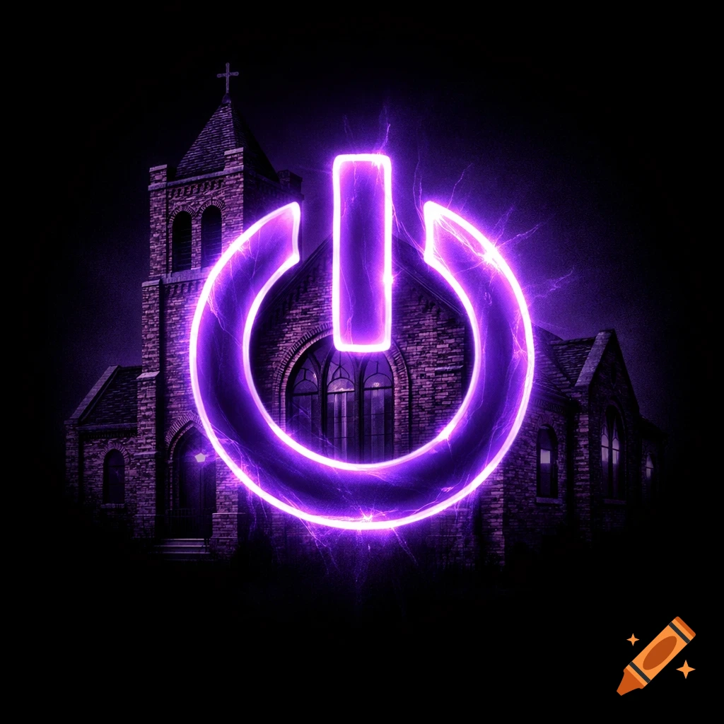 A glowing purple power symbol superimposed over a dark 1940s brick church with a cross on its steeple.