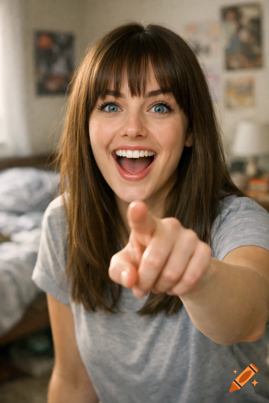 A young woman with brown hair and blue eyes, wearing a gray t-shirt, smiles widely and points directly at the viewer.