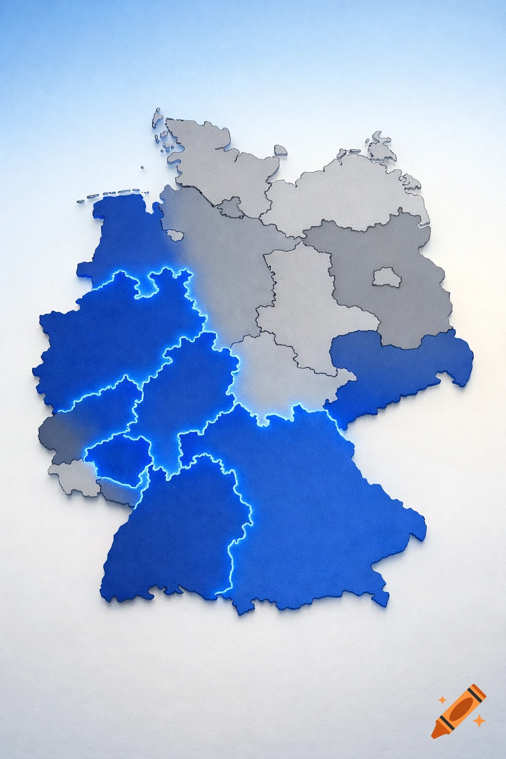 A stylized 3D map of Germany, with the states of Bavaria, Hesse, Baden-Württemberg, Saarland, North Rhine-Westphalia, and Lower Saxony highlighted in blue with a glowing outline.
