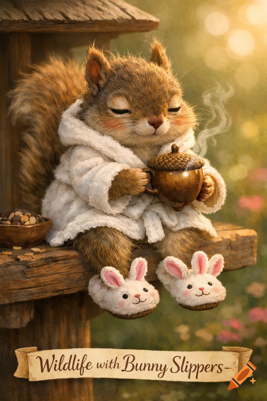 A cute, anthropomorphic squirrel wearing a fluffy white bathrobe and bunny slippers sits on a bird feeder, enjoying a steaming acorn coffee cup.