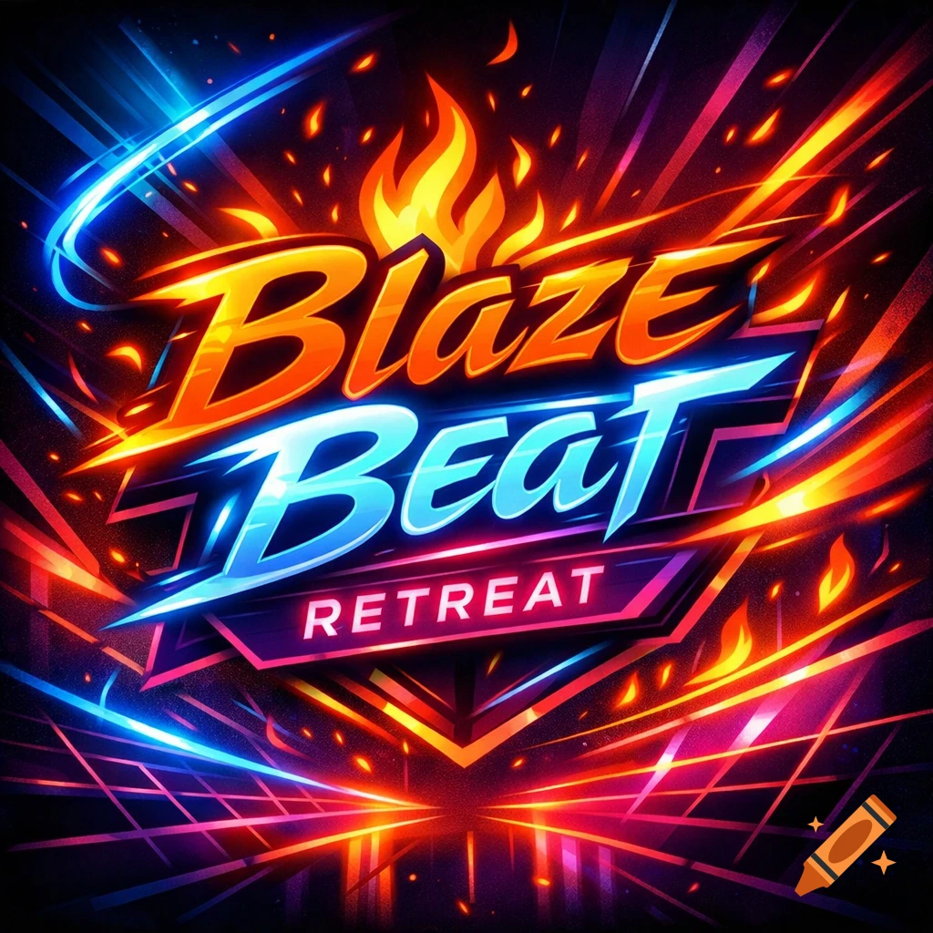 Dynamic logo for 'Blaze Beat Retreat' with glowing orange flames and blue neon text on a dark background with colorful light trails.