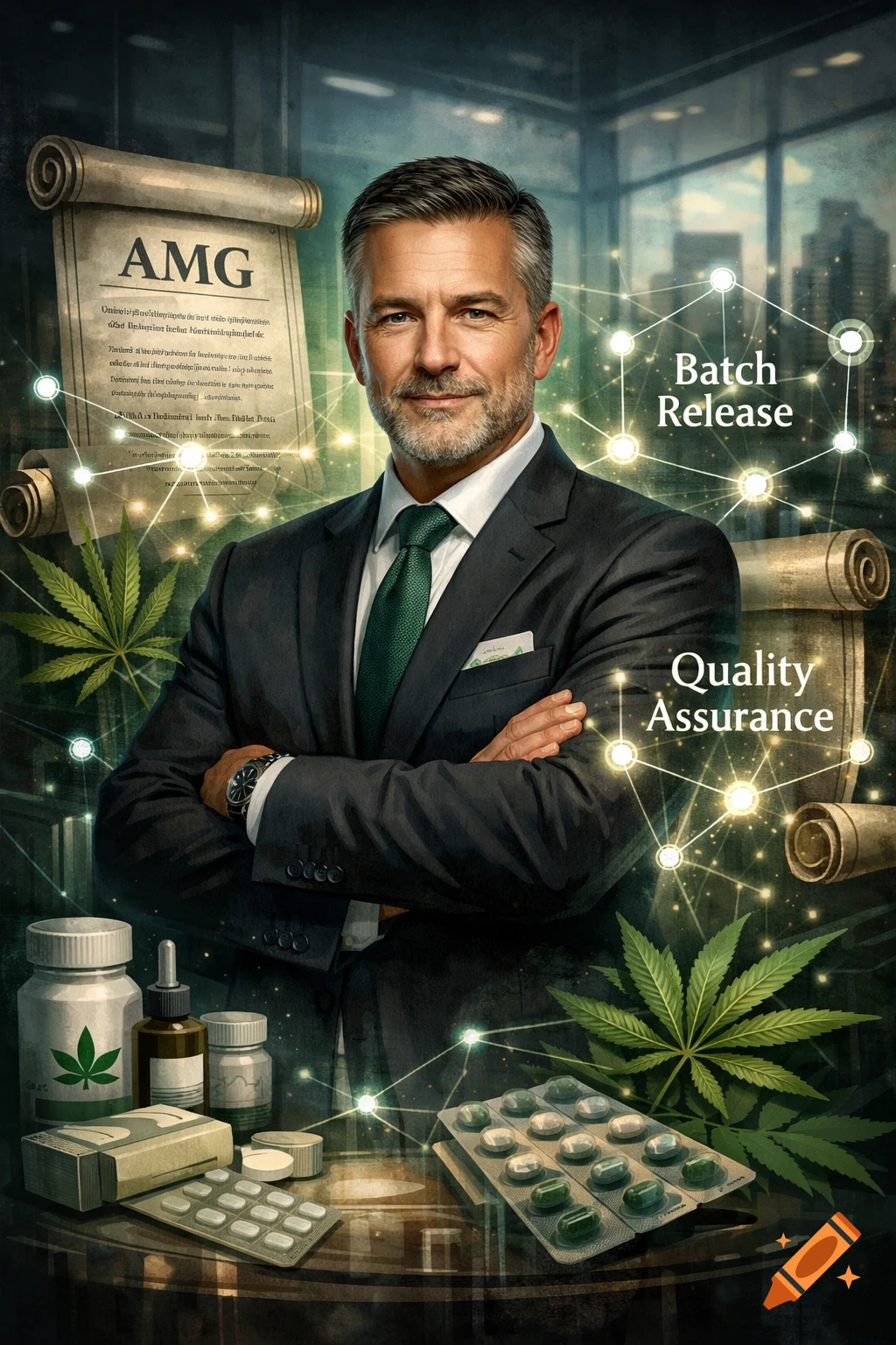 A distinguished man in a suit stands confidently amidst cannabis leaves, medication, and scrolls with text like "AMG," "Batch Release," and "Quality Assurance" in a corporate setting.