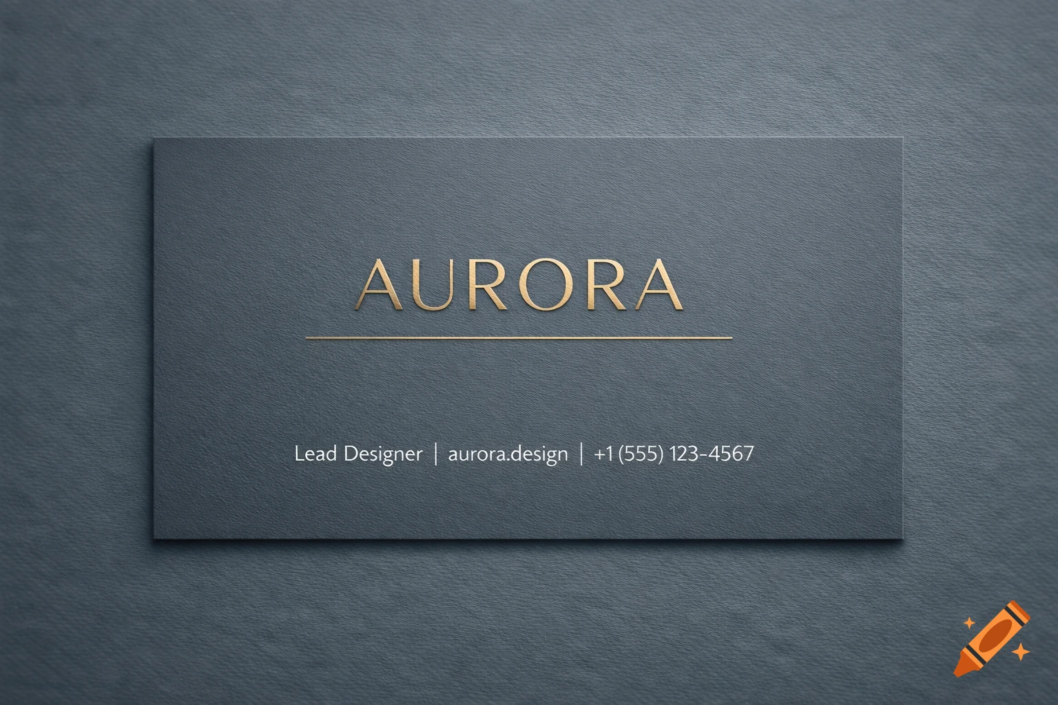 A professional dark gray business card with gold embossed text "AURORA", a line, and contact information for a lead designer.