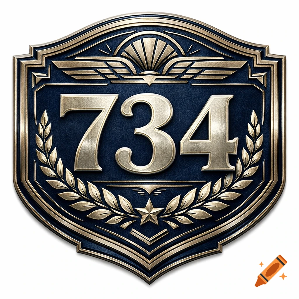 A detailed metallic emblem with the numbers 734, featuring gold borders, laurel wreaths, and a star on a dark blue background.
