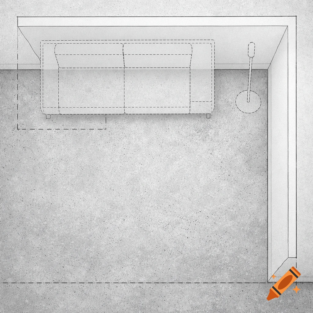 Overhead blueprint of a room corner with a sofa and floor lamp outline, on a concrete texture.