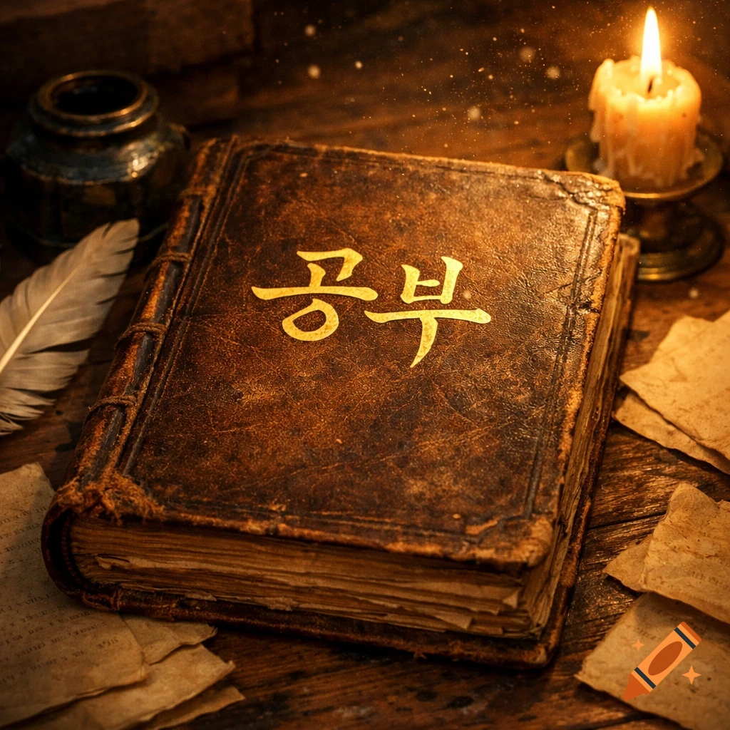 An old leather-bound book with "공부" (Gongbu) on the cover, a quill, inkwell, and lit candle on a wooden table.