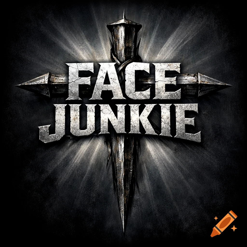 Metallic text 'FACE JUNKIE' overlaid on a dark, spiked cross, with light rays emanating from behind, against a dark textured background.