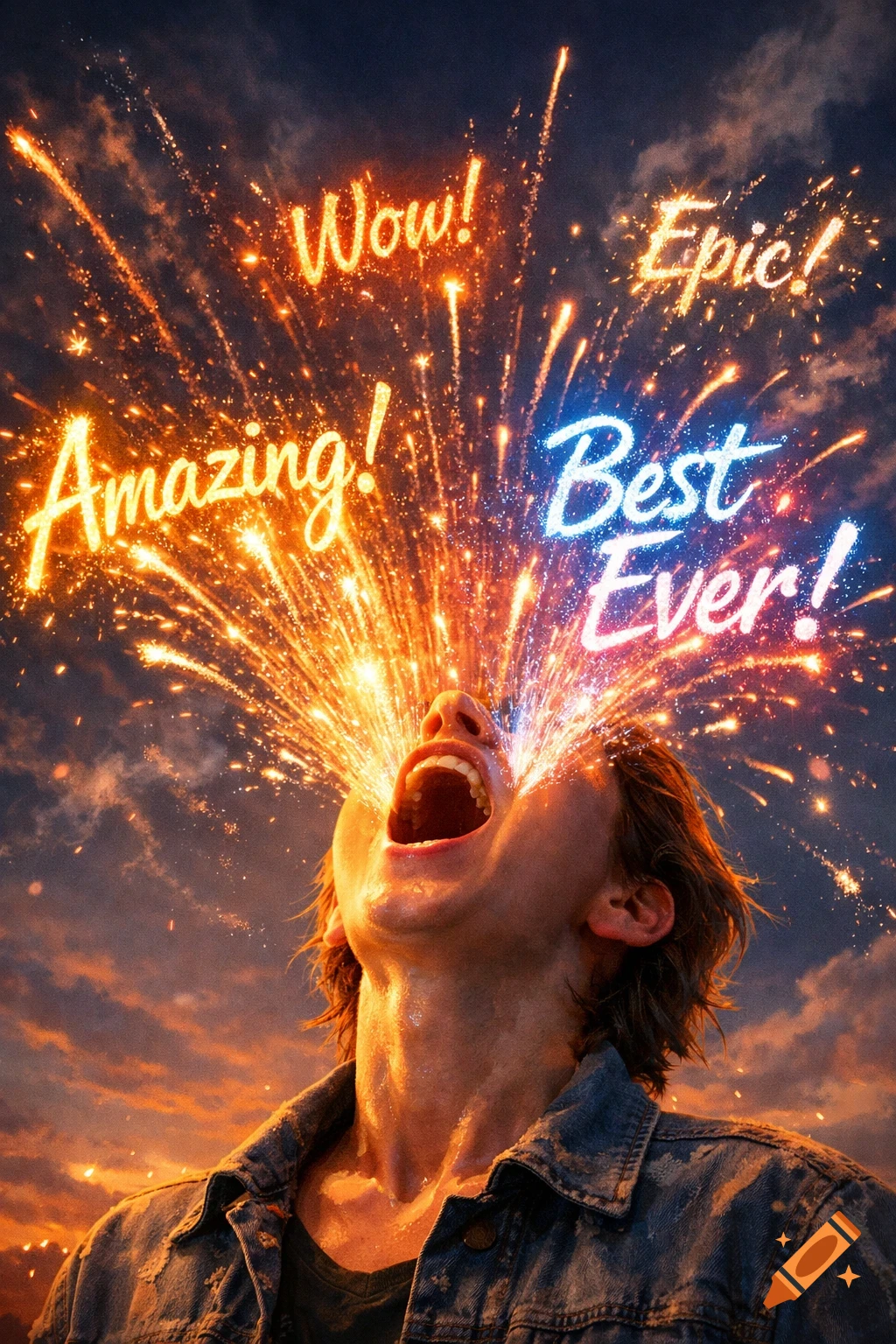A person with their mouth open, looking up as fireworks erupt, forming words like 'Wow!', 'Amazing!', 'Epic!', and 'Best Ever!' against a fiery sunset sky.