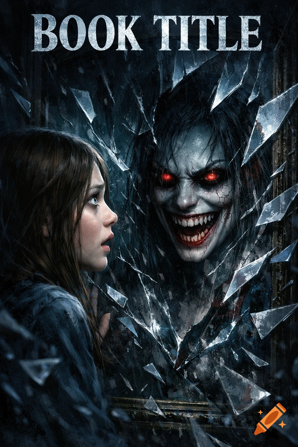 A frightened girl stares at a monstrous reflection with glowing red eyes and a terrifying grin through shattered glass, dark and eerie.