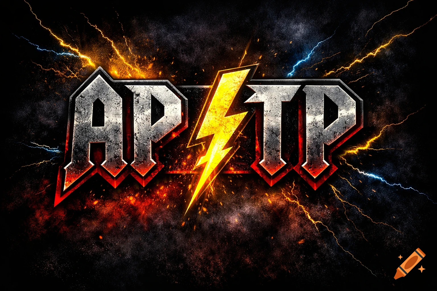 A heavy metal-style logo with distressed metallic letters 'AP' and 'TP' separated by a yellow lightning bolt, surrounded by fire, sparks, and electricity on a dark background.