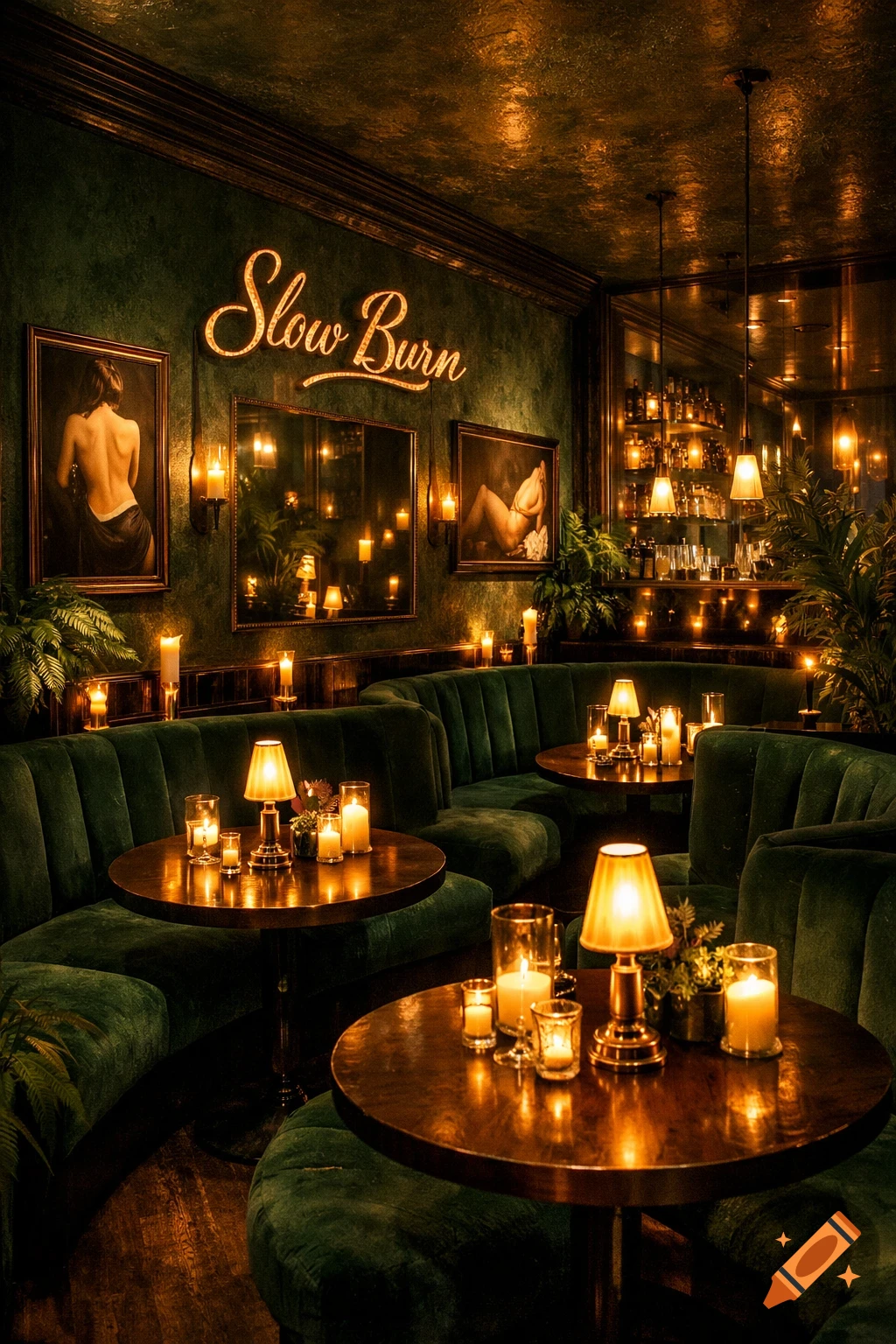 An intimate cafe interior with dark green velvet seating, warm lighting, and a neon 'Slow Burn' sign above tables with candles.