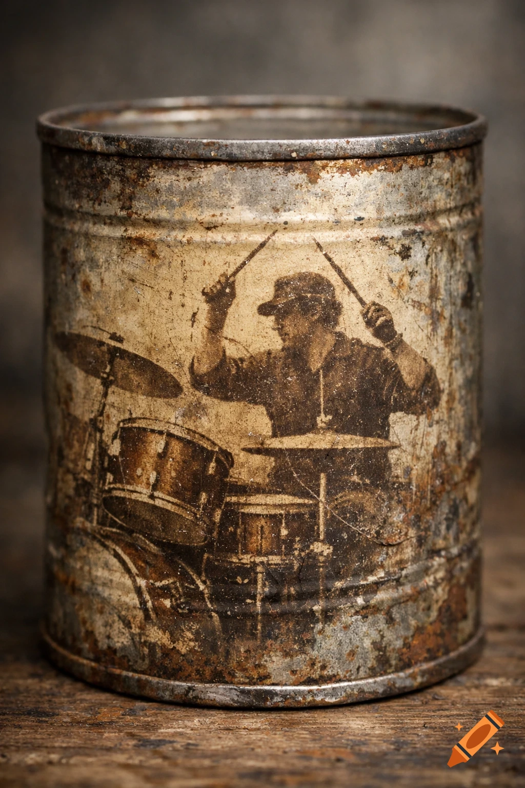A rusty, aged tin can with a sepia-toned image of a drummer playing drums printed on its side, sitting on a wooden surface.