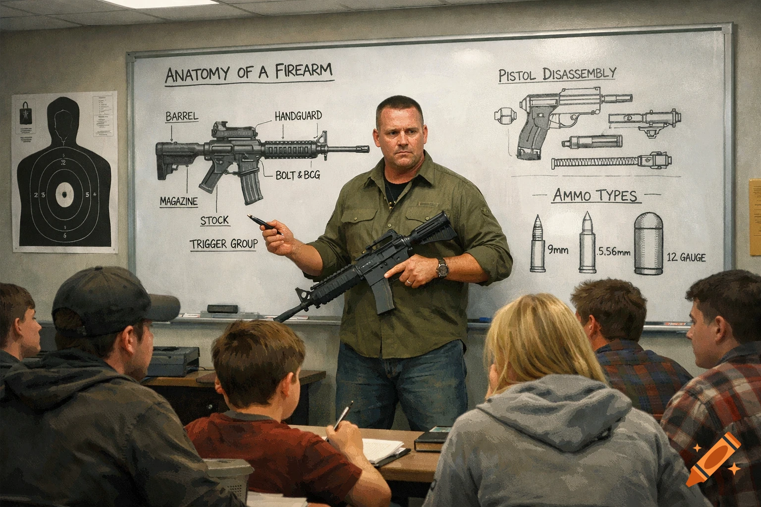 A man teaches a classroom of students about firearms, pointing at a whiteboard with diagrams of gun anatomy, pistol disassembly, and ammo types.