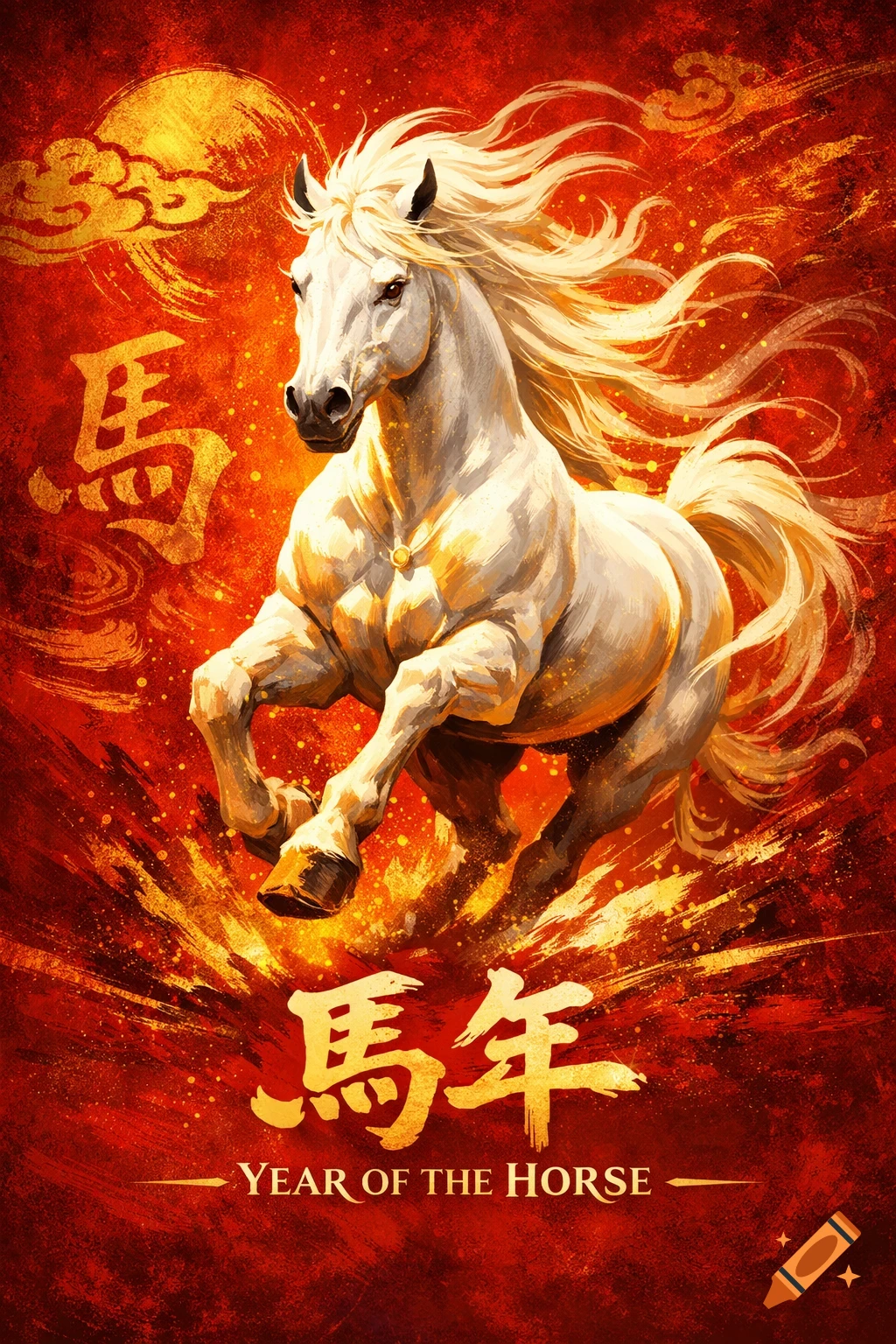 A majestic white horse gallops on a fiery red and gold background with traditional Chinese characters and "Year of the Horse" text.