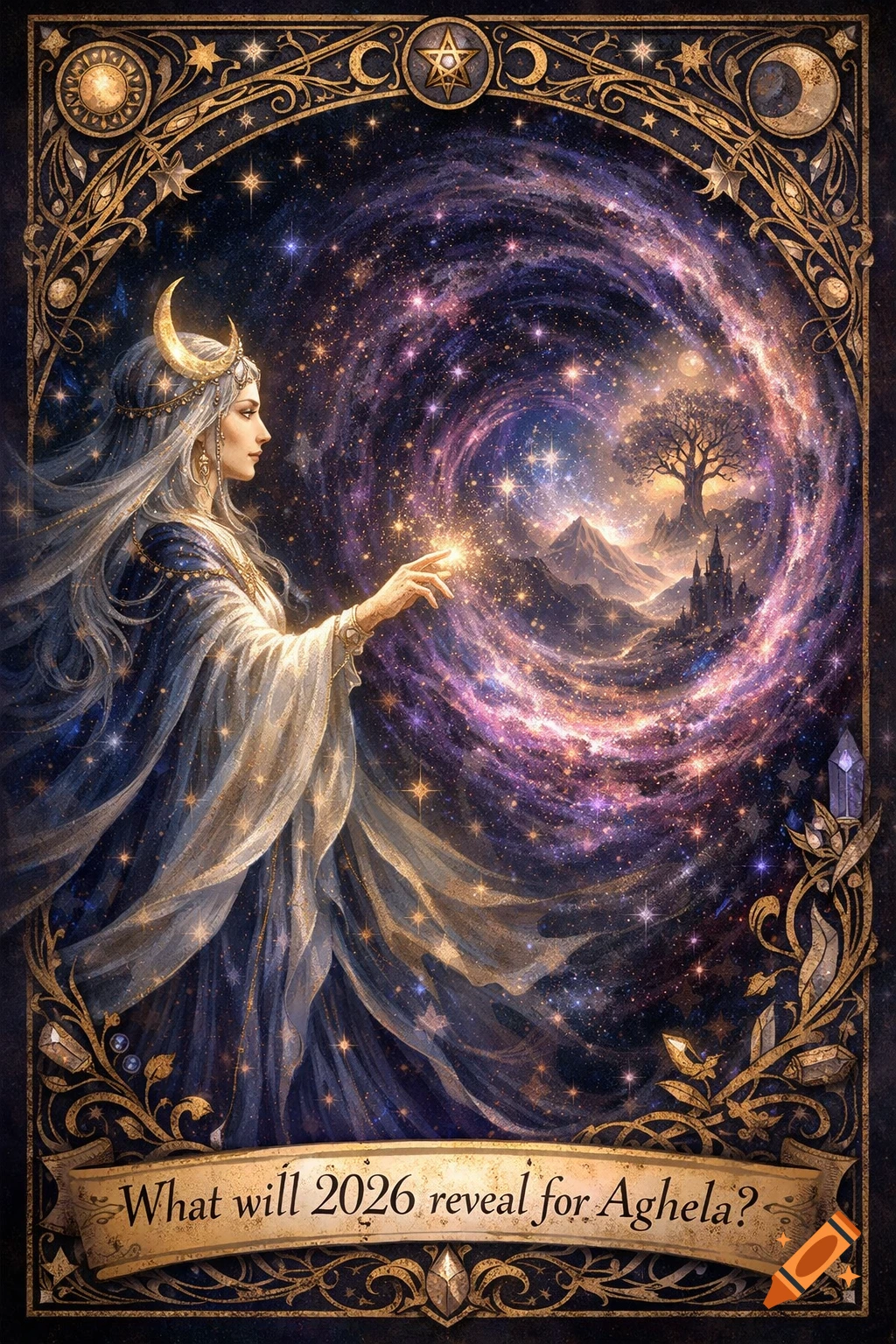 Mystical woman in ornate frame holds glowing light towards a swirling galaxy, fantasy landscape, banner text 'What will 2026 reveal for Aghela?'