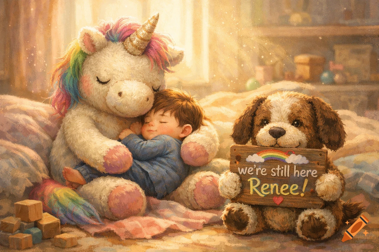 A sleeping child nestled against a stuffed unicorn, while a plush dog holds a sign saying 'we're still here Renee!' in a painterly style.