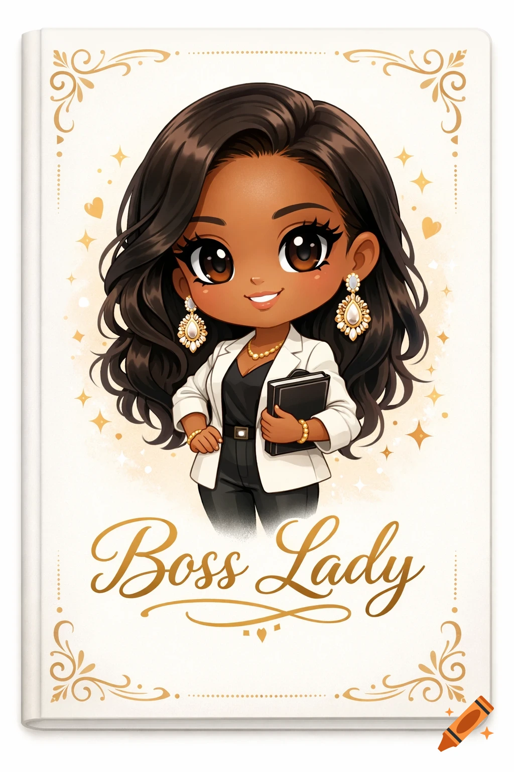 Cute chibi illustration of an African American boss woman in a blazer with 'Boss Lady' text, designed as a journal cover.