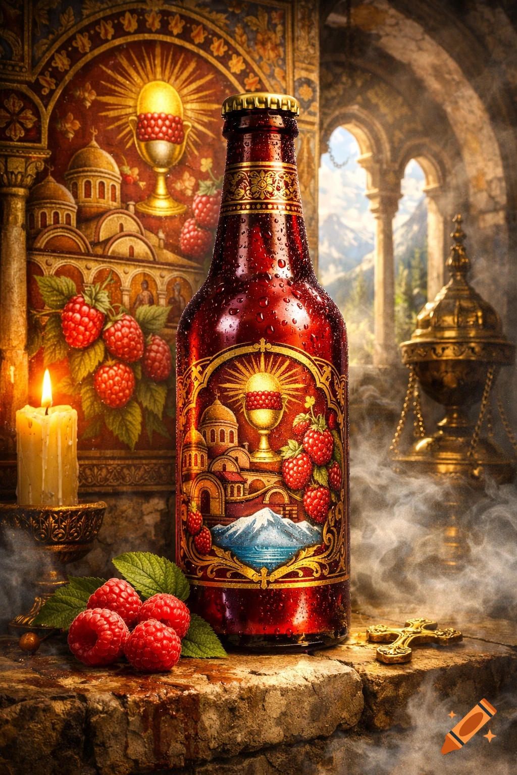 An ornate red bottle of raspberry soda, adorned with religious art, sits on a stone surface with fresh raspberries, a lit candle, an incense burner, and a cross, set against a background of monastery architecture and mountains.