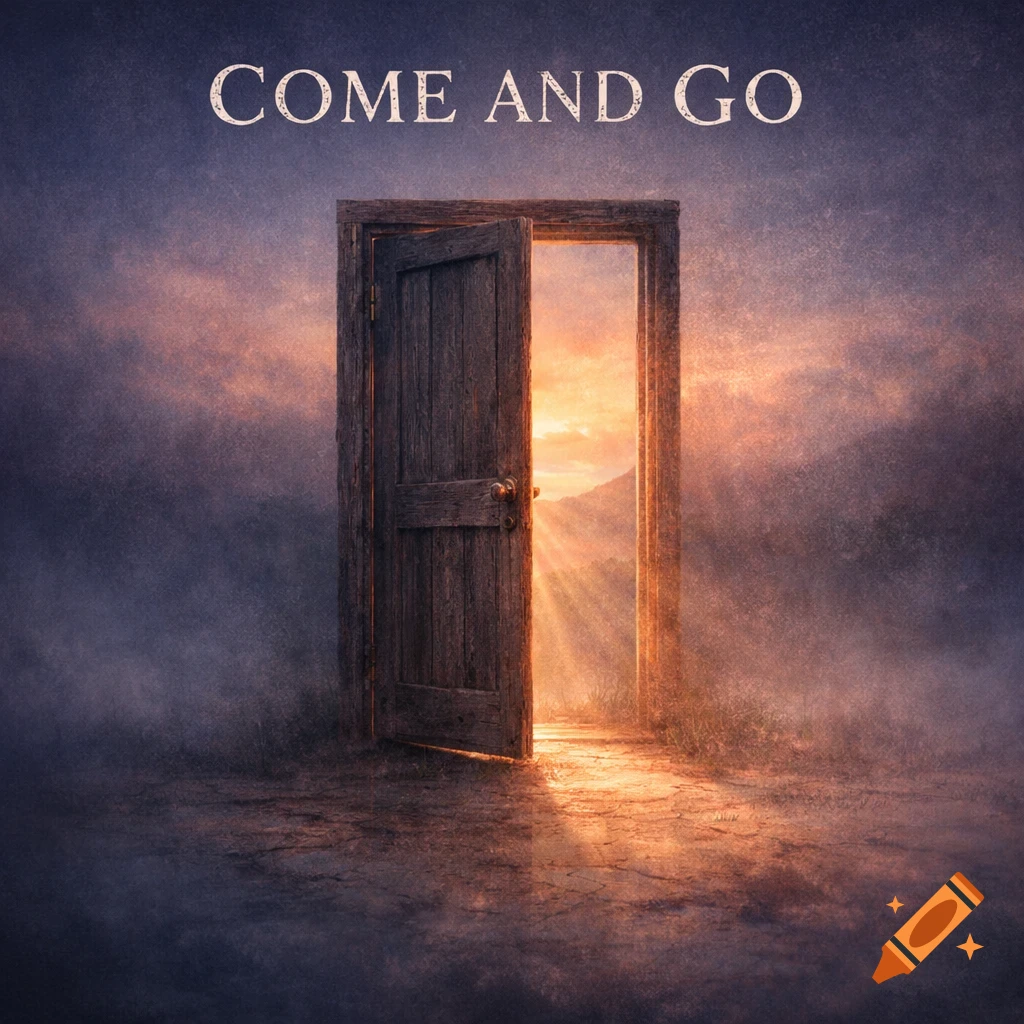 A mysterious open wooden door glowing with a bright orange sunset, on a dark, textured background with the text 'COME AND GO' above.