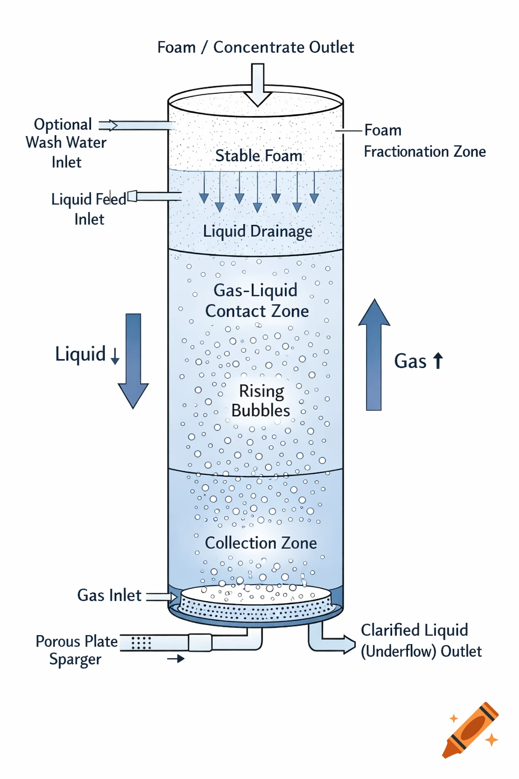 A clear schematic diagram of a vertical bubble column for ion flotation with foam fractionation, showing gas, liquid, and foam zones with labeled inlets and outlets.