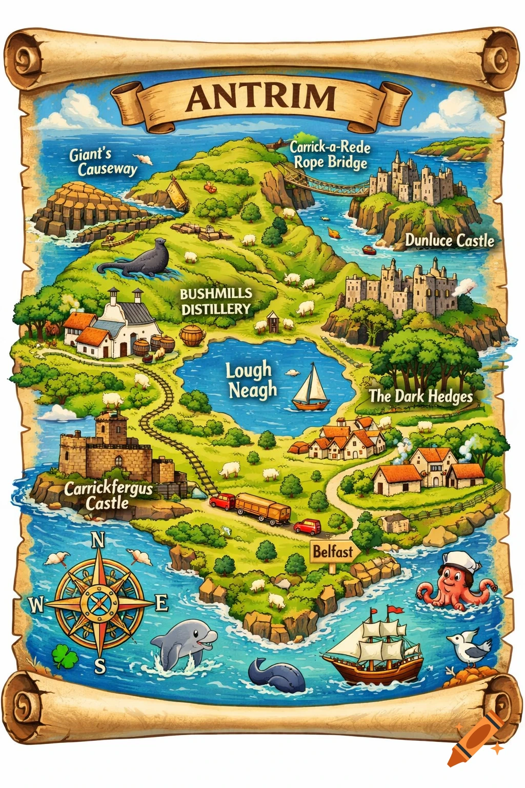 A detailed cartoon map of Antrim, Northern Ireland, highlighting tourist spots like Giant's Causeway, castles, and Lough Neagh, with charming illustrations of local wildlife and transportation.