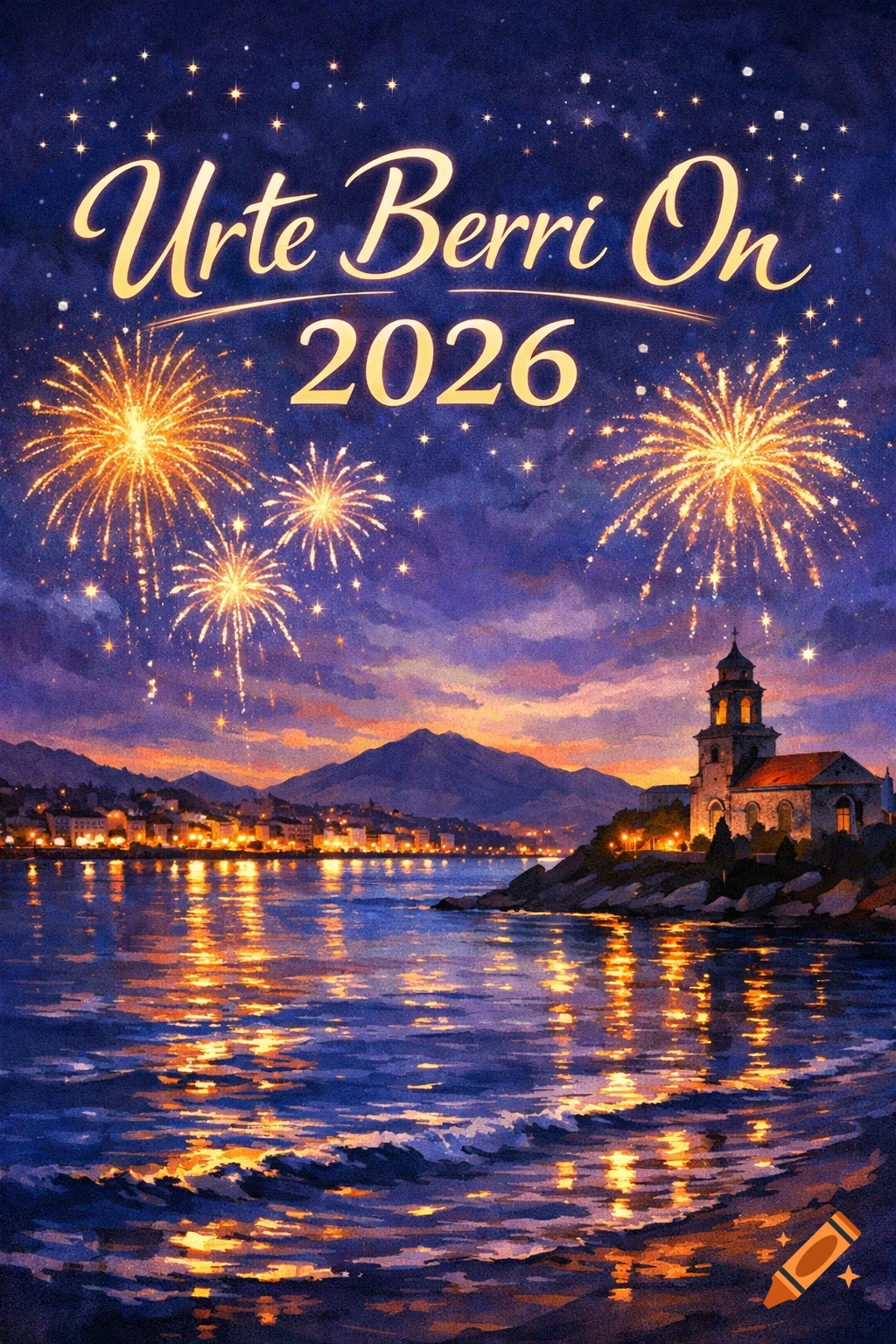 Painterly New Year's greeting card with 'Urte Berri On 2026' text, featuring golden fireworks over a bay with a city and mountains.