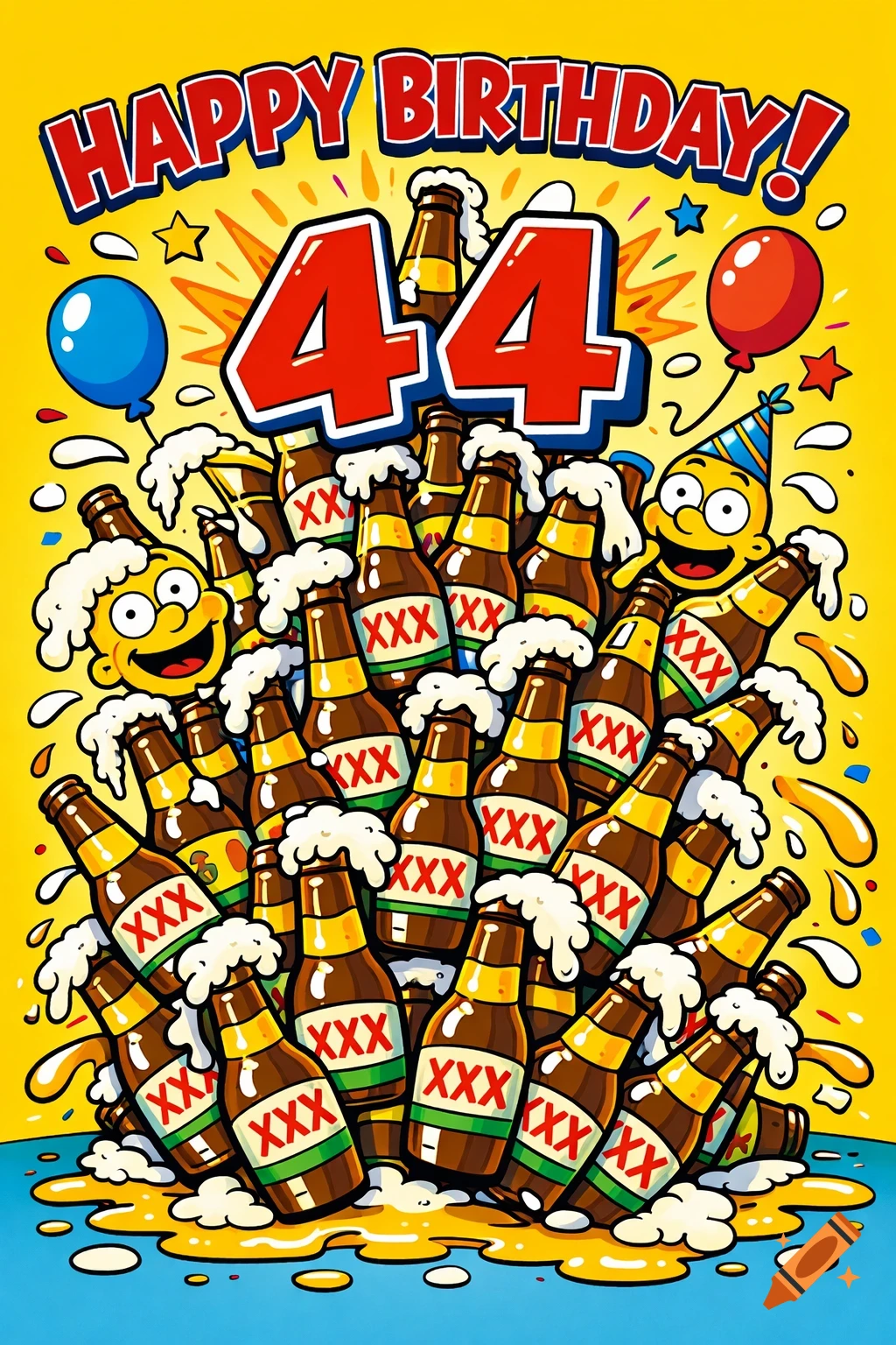 A vibrant yellow birthday greeting card in Simpsons-style with 'HAPPY BIRTHDAY!' and a large '44' above a pile of cartoon beer bottles overflowing with foam, alongside two yellow cartoon characters.