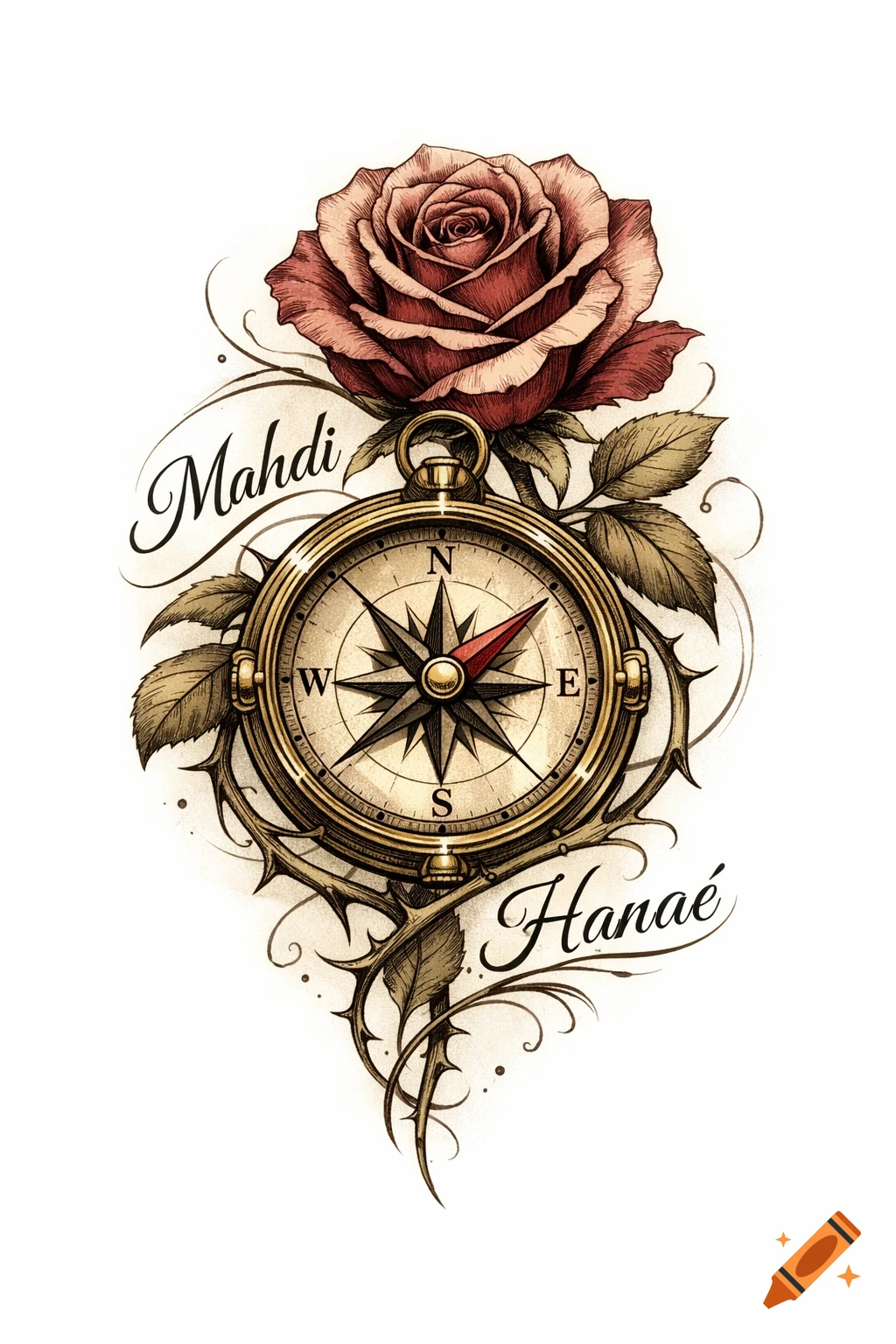 A detailed illustration of a vintage gold compass intertwined with a red rose, green leaves, and thorny vines. The names 'Mahdi' and 'Hanaé' are written in cursive script.