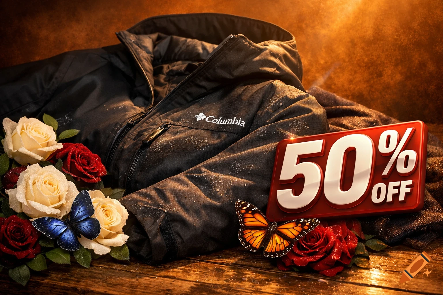 A black Columbia jacket on a wooden surface, adorned with white and red roses, and two butterflies. A red sign reads "50% OFF".