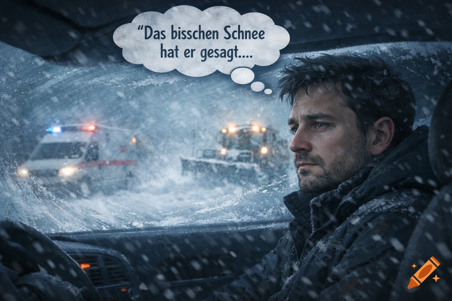 A man looks out a snow-covered car window during a blizzard, an ambulance and snowplow visible. A thought bubble reads, 'He said it was just a little snow.'