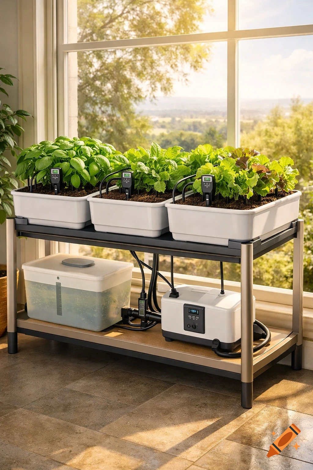 Indoor gardening system with basil and lettuce plants in white bins, featuring sensors, a water reservoir, and a pump, by a sunlit window.