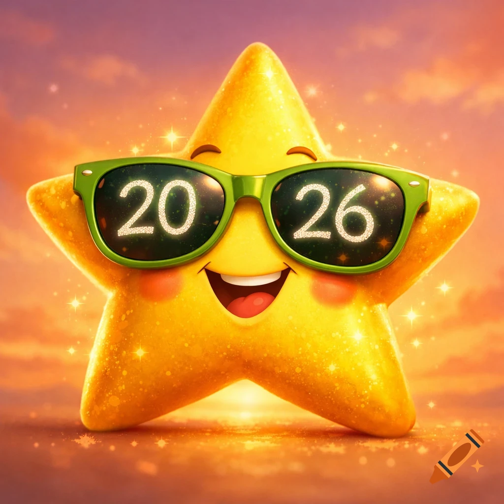 A smiling yellow cartoon star wears green sunglasses with '2026' on the lenses, sparkling against a vibrant orange and pink sky.