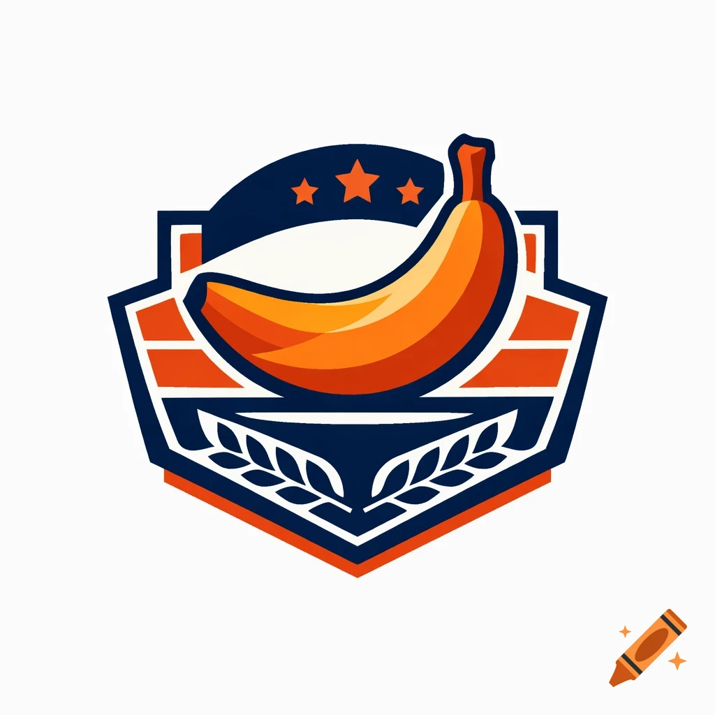 A vector logo featuring an orange banana centered within a blue and orange shield with three stars and laurel leaves.
