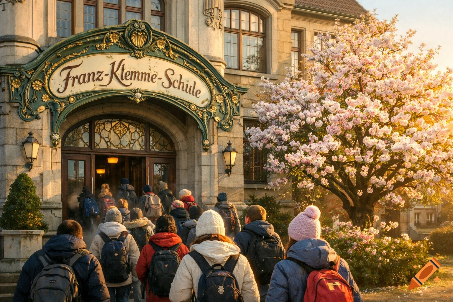 Photorealistic image of students entering the Art Nouveau 'Franz-Klemme-Schule' building, with a blooming cherry tree in morning sun.