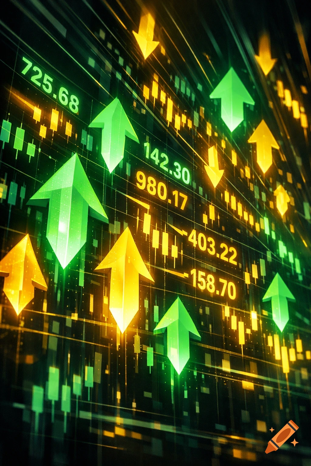 Dynamic financial chart with glowing green and yellow arrows representing market trends, overlaid with numbers against a dark background.