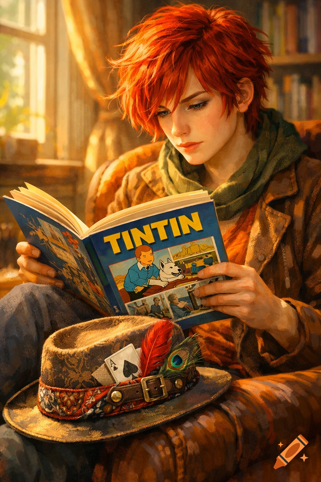 A red-haired person in a brown jacket reads a Tintin comic book, with a fedora adorned with cards and feathers in the foreground, in a detailed, painterly style.