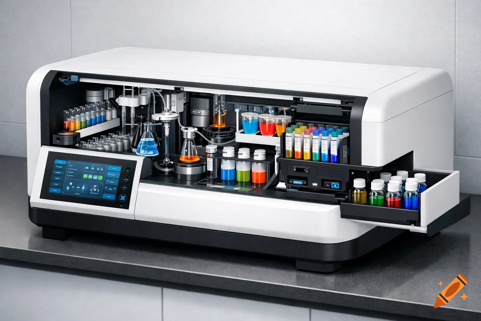 A white and black automated chemistry machine with multiple compartments, colorful liquids in beakers and test tubes, and a digital display screen, sitting on a gray counter in a laboratory.