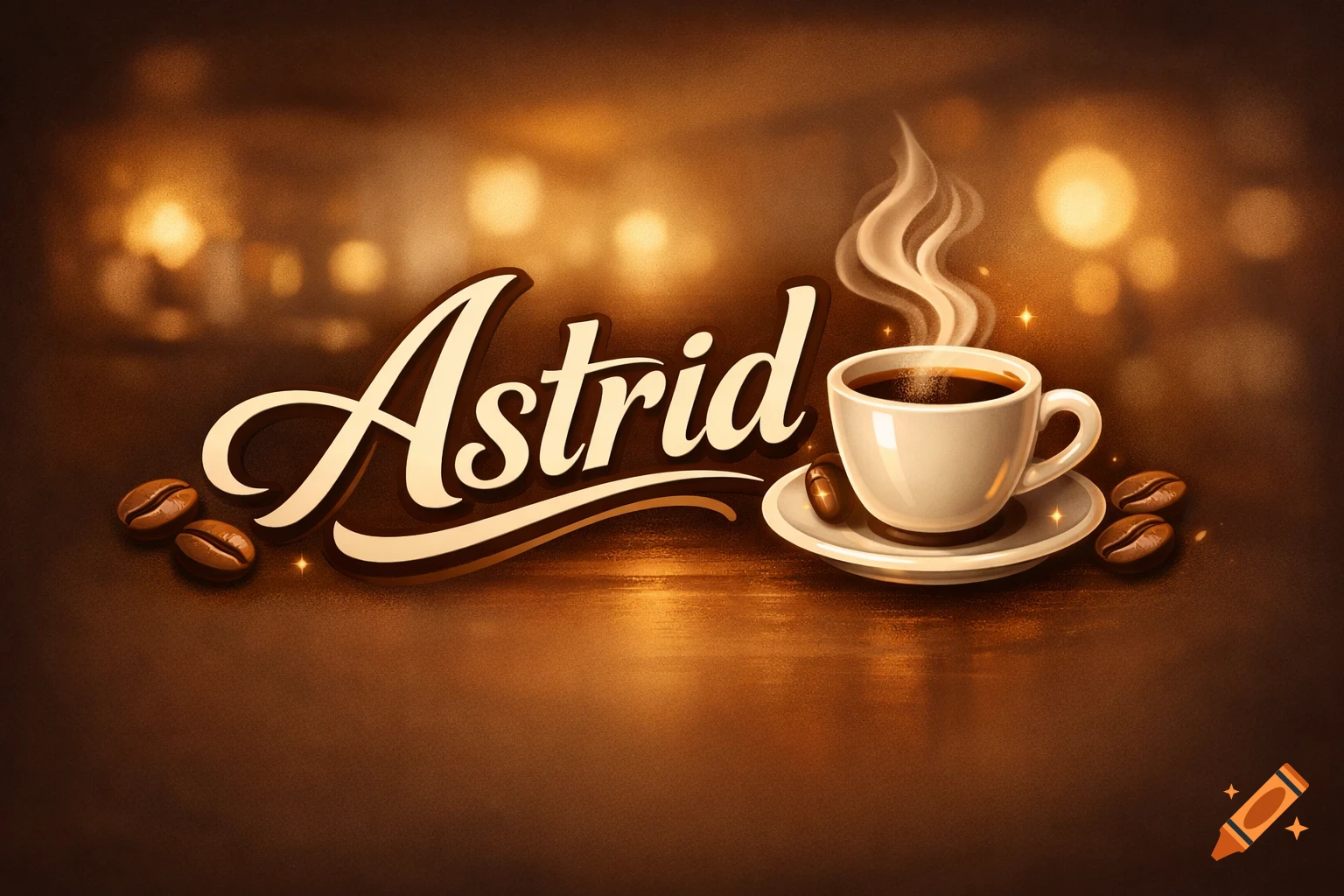 Stylized 'Astrid' logo next to a steaming coffee cup and coffee beans, with a warm bokeh background.