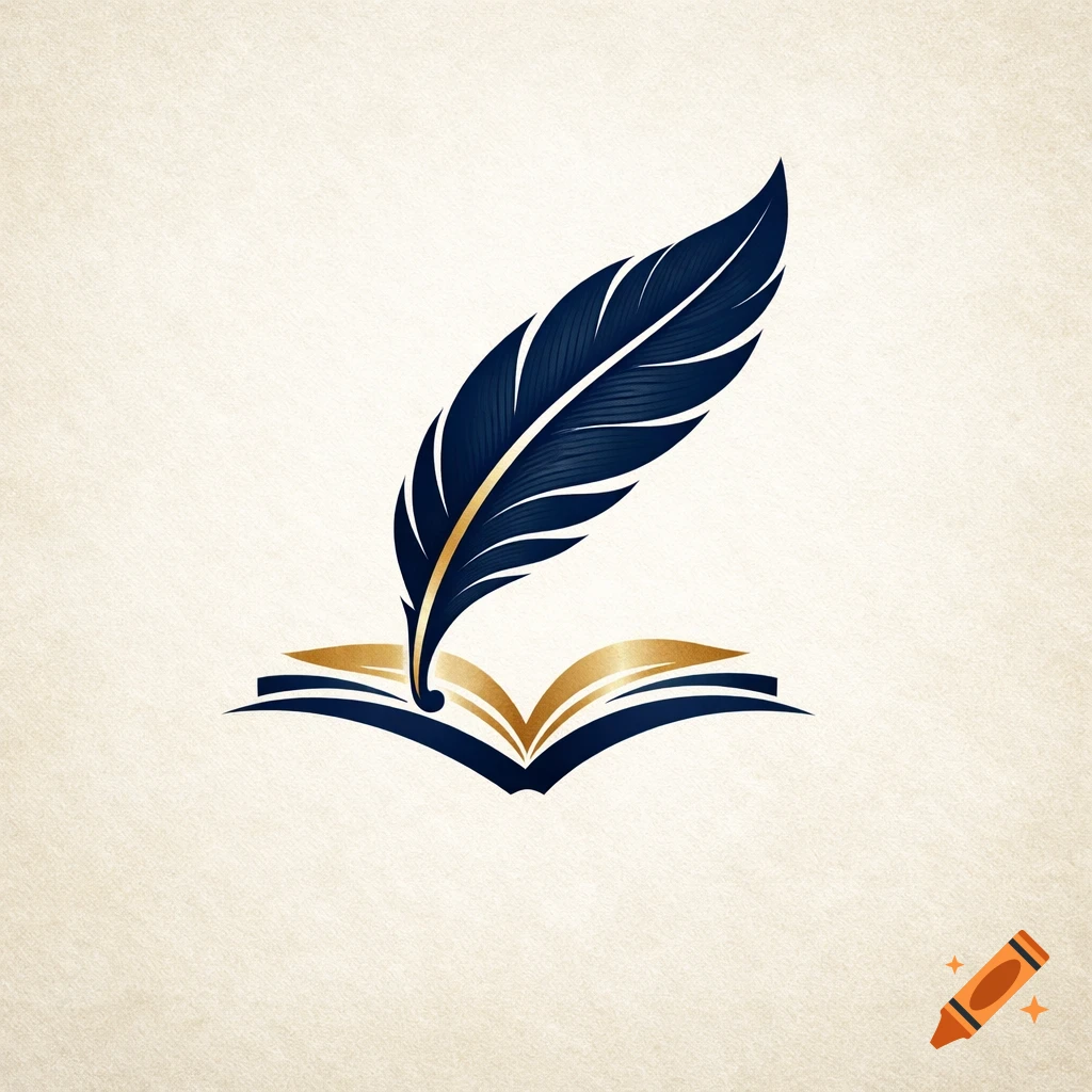 A stylized logo featuring a dark blue quill pen rising from an open book with gold-edged pages, on a textured beige background.