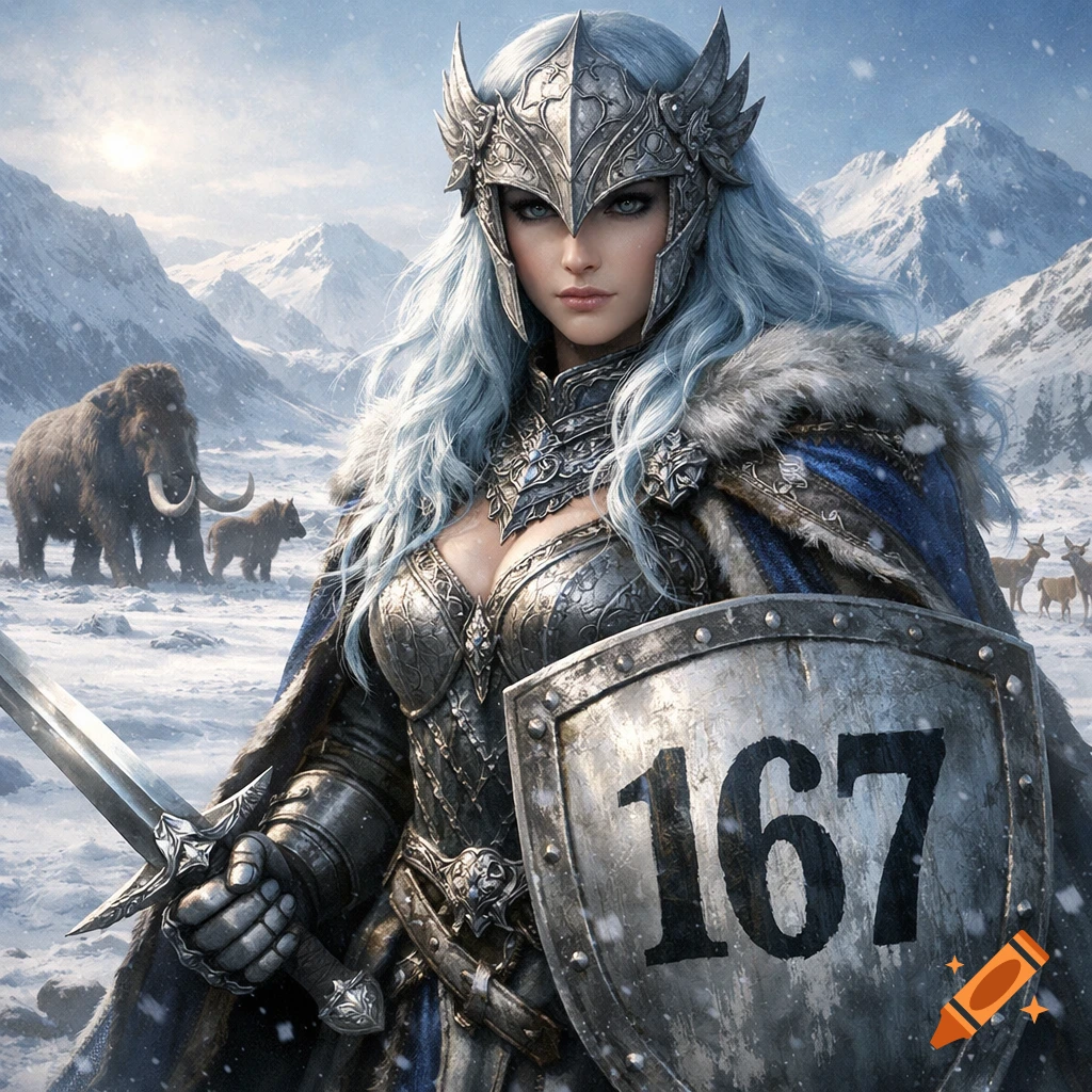 Realistic image of an armored female warrior with light blue hair, holding a sword and a shield with "167", in a snowy landscape with mammoths and deer.