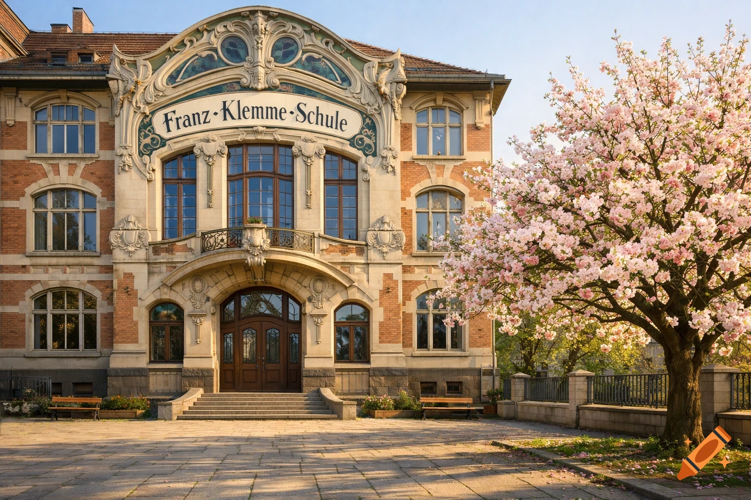 Photorealistic ornate Franz-Klemme-Schule building with a large pink cherry blossom tree.