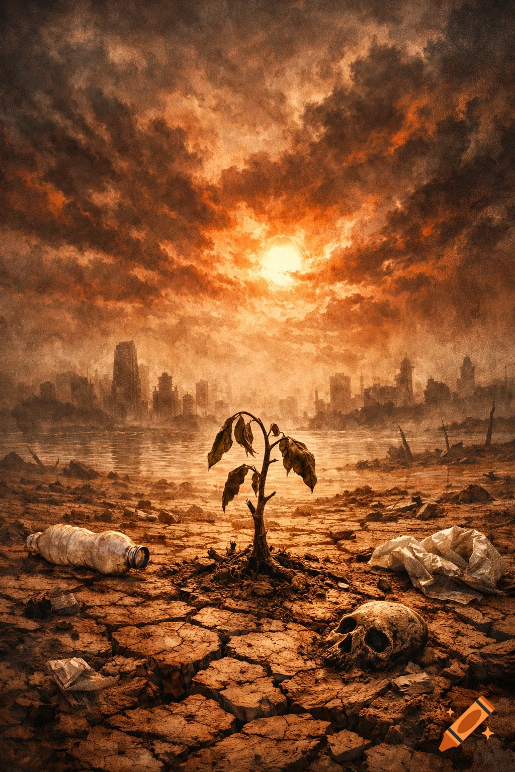 A desolate, cracked earth landscape with a dying plant, plastic waste, and a skull, under an orange, polluted sky with a distant ruined city, illustrating climate change.