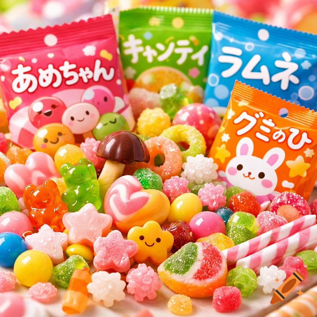 A colorful mix of Japanese candies in various shapes and flavors, including gummy bears, stars, and fruit slices, scattered around cute packages with Japanese text.