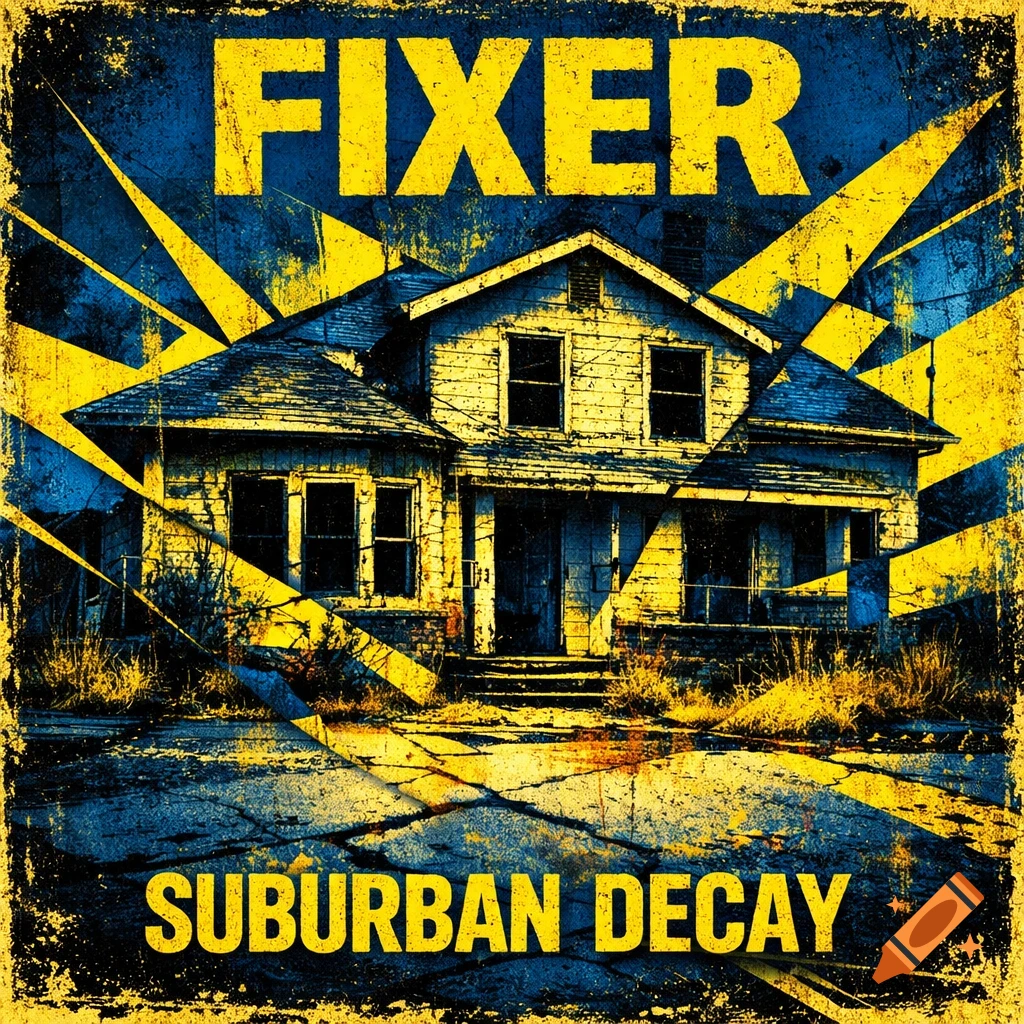 Grunge album cover for 'Fixer: Suburban Decay' featuring a dilapidated house in yellow and blue.