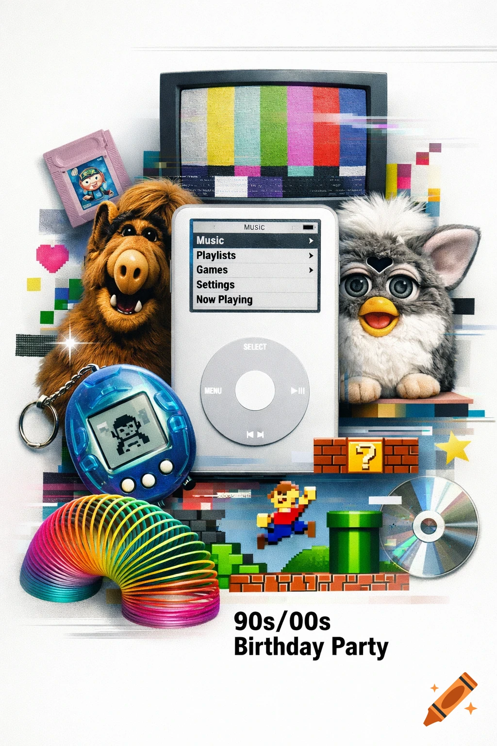 Vibrant collage of 90s/00s pop culture: Alf, Furby, iPod, Tamagotchi, Slinky, Mario pixel art, TV test pattern. "90s/00s Birthday Party" text.